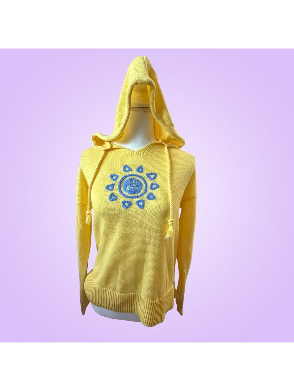 Life is Good Women’s XL Yellow Knit Sun Graphic Pullover Hooded Sweater